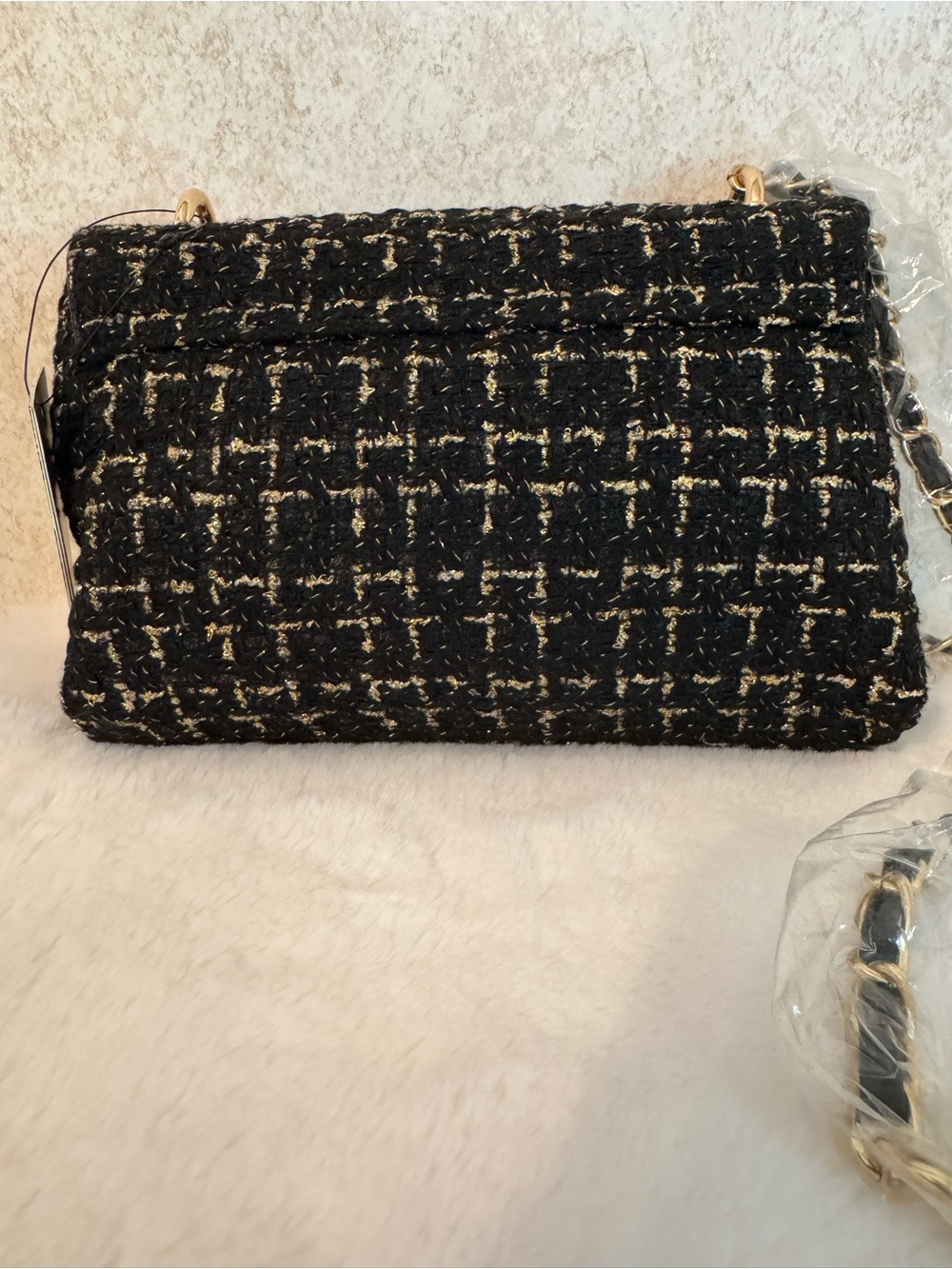 Badgley Mischka Black Tweed Chain Shoulder Bag with Gold Hardware - Picture 5 of 6